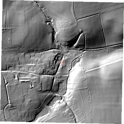 Shaded relief map of the ground around NG334JG, computed from Environment Agency LiDAR. The ground here sits at about 58 m above sea level and falls 22 m across the surrounding 800 m. Surface water reaching this point runs off ground lying to the south-west, 16.4 m higher.