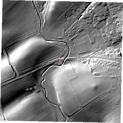 Shaded relief map of the ground around NG334LA, computed from Environment Agency LiDAR. The ground here sits at about 58 m above sea level and falls 26 m across the surrounding 800 m. Surface water reaching this point runs off ground lying to the east-south-east, 24.4 m higher.