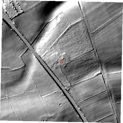 Shaded relief map of the ground around NG334LP, computed from Environment Agency LiDAR. The ground here sits at about 83 m above sea level and falls 30 m across the surrounding 800 m. Surface water reaching this point runs off ground lying to the south-west, 1.4 m higher.