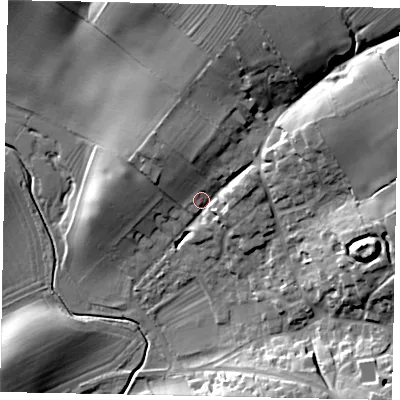 Shaded relief map of the ground around NG334NA, computed from Environment Agency LiDAR. The ground here sits at about 64 m above sea level and falls 25 m across the surrounding 800 m. Surface water reaching this point runs off ground lying to the north-north-east, 18.1 m higher.
