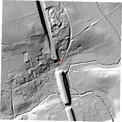Shaded relief map of the ground around NG334PR, computed from Environment Agency LiDAR. The ground here sits at about 39 m above sea level and falls 37 m across the surrounding 800 m. Surface water reaching this point runs off ground lying to the north-west, 12.9 m higher.
