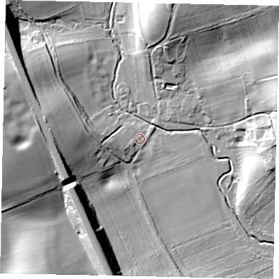 Shaded relief map of the ground around NG334PZ, computed from Environment Agency LiDAR. The ground here sits at about 43 m above sea level and falls 26 m across the surrounding 800 m. Surface water reaching this point runs off ground lying to the west, 6.4 m higher.
