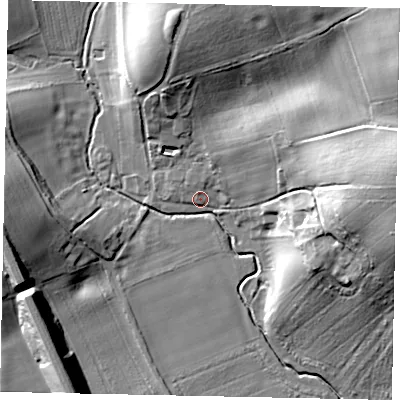 Shaded relief map of the ground around NG334QB, computed from Environment Agency LiDAR. The ground here sits at about 43 m above sea level and falls 30 m across the surrounding 800 m. Surface water reaching this point runs off ground lying to the east, 27.2 m higher.