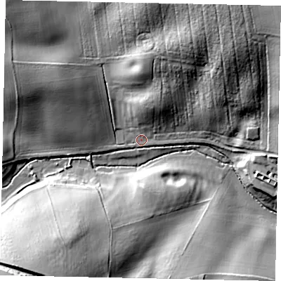 Shaded relief map of the ground around NG334QN, computed from Environment Agency LiDAR. The ground here sits at about 44 m above sea level and falls 37 m across the surrounding 800 m. Surface water reaching this point runs off ground lying to the north-north-east, 31.7 m higher.