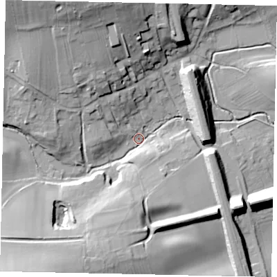Shaded relief map of the ground around NG334QP, computed from Environment Agency LiDAR. The ground here sits at about 38 m above sea level and falls 31 m across the surrounding 800 m. Surface water reaching this point runs off ground lying to the north-north-west, 29.2 m higher.