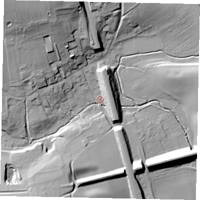 Shaded relief map of the ground around NG334QY, computed from Environment Agency LiDAR. The ground here sits at about 38 m above sea level and falls 36 m across the surrounding 800 m. Surface water reaching this point runs off ground lying to the south-south-west, 20.0 m higher.