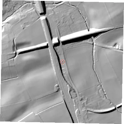 Shaded relief map of the ground around NG334RA, computed from Environment Agency LiDAR. The ground here sits at about 40 m above sea level and falls 35 m across the surrounding 800 m. Surface water reaching this point runs off ground lying to the north-north-west, 13.2 m higher.