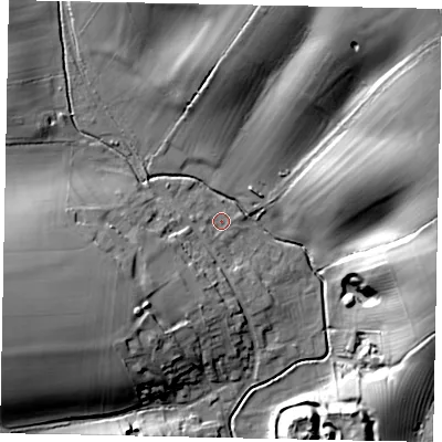 Shaded relief map of the ground around NG334RF, computed from Environment Agency LiDAR. The ground here sits at about 54 m above sea level and falls 35 m across the surrounding 800 m. Surface water reaching this point runs off ground lying to the west-south-west, 17.0 m higher.