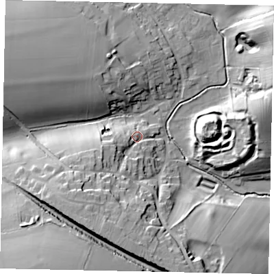 Shaded relief map of the ground around NG334RG, computed from Environment Agency LiDAR. The ground here sits at about 57 m above sea level and falls 39 m across the surrounding 800 m. Surface water reaching this point runs off ground lying to the south-west, 21.5 m higher.