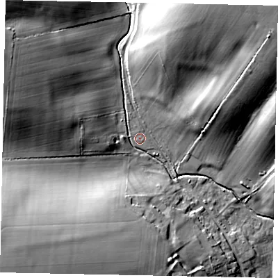 Shaded relief map of the ground around NG334RL, computed from Environment Agency LiDAR. The ground here sits at about 56 m above sea level and falls 34 m across the surrounding 800 m. Surface water reaching this point runs off ground lying to the north-north-east, 26.8 m higher.