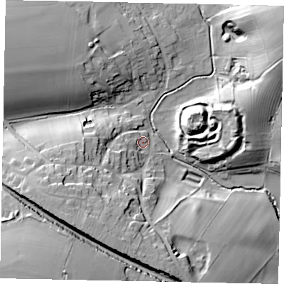 Shaded relief map of the ground around NG334RQ, computed from Environment Agency LiDAR. The ground here sits at about 54 m above sea level and falls 40 m across the surrounding 800 m. Surface water reaching this point runs off ground lying to the south-west, 26.6 m higher.