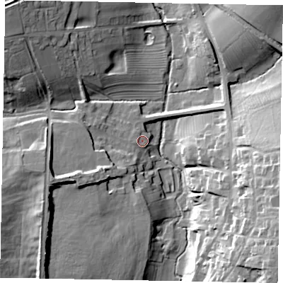 Shaded relief map of the ground around NG335BL, computed from Environment Agency LiDAR. The ground here sits at about 91 m above sea level and falls 31 m across the surrounding 800 m. Surface water reaching this point runs off ground lying to the west-south-west, 14.7 m higher.