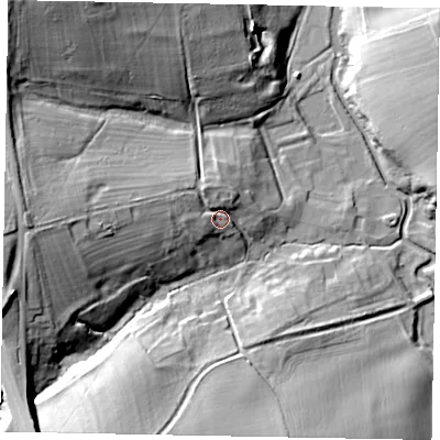 Shaded relief map of the ground around NG335BS, computed from Environment Agency LiDAR. The ground here sits at about 68 m above sea level and falls 27 m across the surrounding 800 m. Surface water reaching this point runs off ground lying to the west, 16.8 m higher.