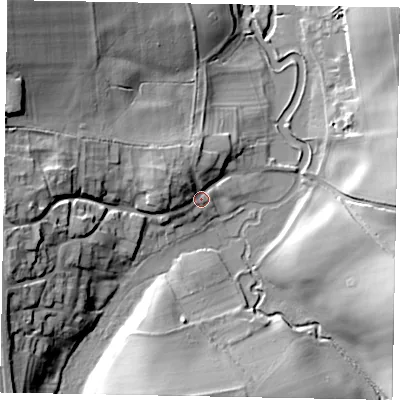 Shaded relief map of the ground around NG335DP, computed from Environment Agency LiDAR. The ground here sits at about 68 m above sea level and falls 24 m across the surrounding 800 m. Surface water reaching this point runs off ground lying to the west-north-west, 7.4 m higher.