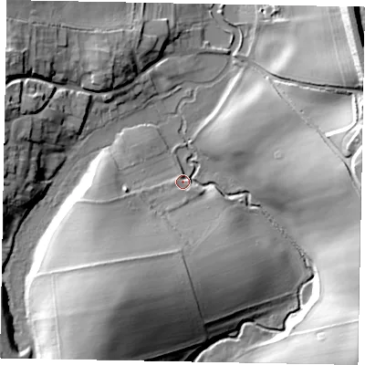 Shaded relief map of the ground around NG335DU, computed from Environment Agency LiDAR. The ground here sits at about 68 m above sea level and falls 25 m across the surrounding 800 m. Surface water reaching this point runs off ground lying to the east, 23.8 m higher.
