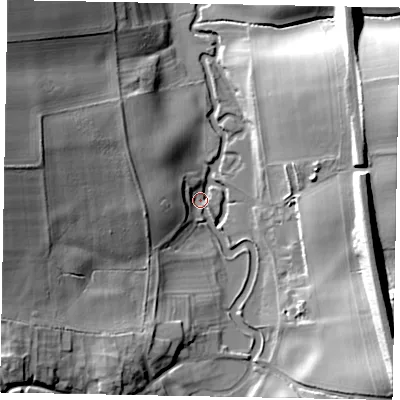 Shaded relief map of the ground around NG335DX, computed from Environment Agency LiDAR. The ground here sits at about 64 m above sea level and falls 31 m across the surrounding 800 m. Surface water reaching this point runs off ground lying to the west, 9.9 m higher.