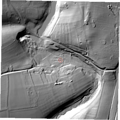 Shaded relief map of the ground around NG335ED, computed from Environment Agency LiDAR. The ground here sits at about 84 m above sea level and falls 33 m across the surrounding 800 m. Surface water reaching this point runs off ground lying to the south-south-east, 3.7 m higher.
