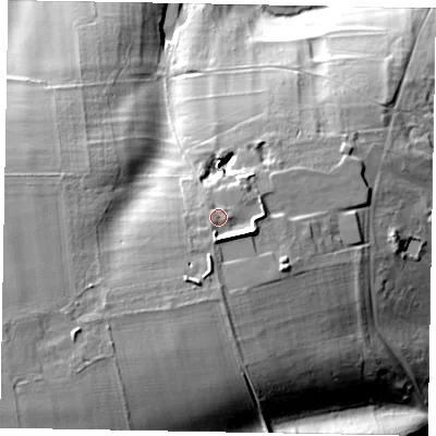 Shaded relief map of the ground around NG335EF, computed from Environment Agency LiDAR. The ground here sits at about 114 m above sea level and falls 44 m across the surrounding 800 m. Surface water reaching this point runs off ground lying to the south-south-west, 4.4 m higher.