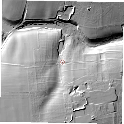 Shaded relief map of the ground around NG335EG, computed from Environment Agency LiDAR. The ground here sits at about 97 m above sea level and falls 43 m across the surrounding 800 m. Surface water reaching this point runs off ground lying to the south-west, 27.1 m higher.