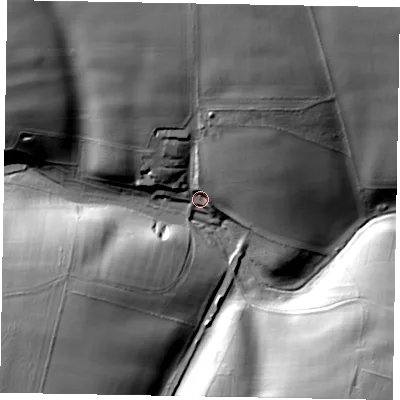 Shaded relief map of the ground around NG335EH, computed from Environment Agency LiDAR. The ground here sits at about 98 m above sea level and falls 40 m across the surrounding 800 m. Surface water reaching this point runs off ground lying to the north, 31.4 m higher.
