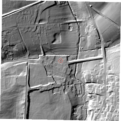 Shaded relief map of the ground around NG335GA, computed from Environment Agency LiDAR. The ground here sits at about 91 m above sea level and falls 29 m across the surrounding 800 m. Surface water reaching this point runs off ground lying to the west-south-west, 3.6 m higher.