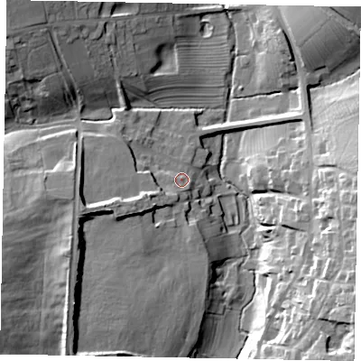 Shaded relief map of the ground around NG335GP, computed from Environment Agency LiDAR. The ground here sits at about 93 m above sea level and falls 30 m across the surrounding 800 m. Surface water reaching this point runs off ground lying to the south-south-west, 4.0 m higher.