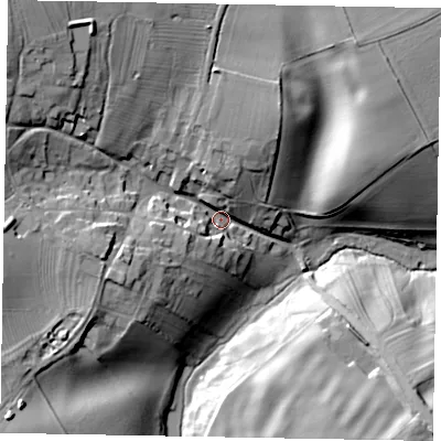 Shaded relief map of the ground around NG335HF, computed from Environment Agency LiDAR. The ground here sits at about 107 m above sea level and falls 30 m across the surrounding 800 m. Surface water reaching this point runs off ground lying to the north-west, 23.3 m higher.
