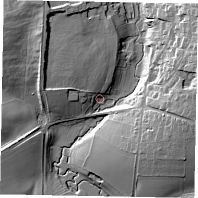 Shaded relief map of the ground around NG335JB, computed from Environment Agency LiDAR. The ground here sits at about 90 m above sea level and falls 27 m across the surrounding 800 m. Surface water reaching this point runs off ground lying to the north-west, 19.4 m higher.