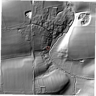 Shaded relief map of the ground around NG335LJ, computed from Environment Agency LiDAR. The ground here sits at about 97 m above sea level and falls 23 m across the surrounding 800 m. Surface water reaching this point runs off ground lying to the west-north-west, 21.4 m higher.