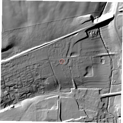 Shaded relief map of the ground around NG335NT, computed from Environment Agency LiDAR. The ground here sits at about 102 m above sea level and falls 33 m across the surrounding 800 m. Surface water reaching this point runs off ground lying to the west-north-west, 8.1 m higher.