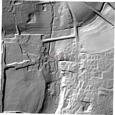 Shaded relief map of the ground around NG335NW, computed from Environment Agency LiDAR. The ground here sits at about 88 m above sea level and falls 32 m across the surrounding 800 m. Surface water reaching this point runs off ground lying to the east-south-east, 30.5 m higher.