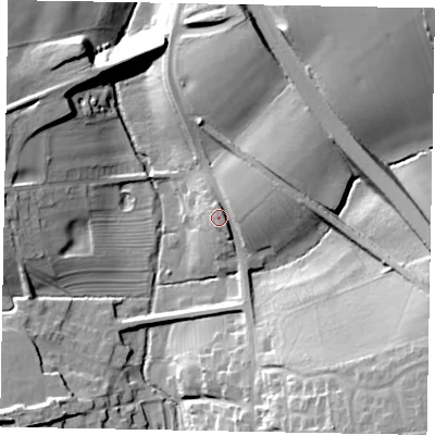 Shaded relief map of the ground around NG335NZ, computed from Environment Agency LiDAR. The ground here sits at about 95 m above sea level and falls 34 m across the surrounding 800 m. Surface water reaching this point runs off ground lying to the east-north-east, 6.1 m higher.