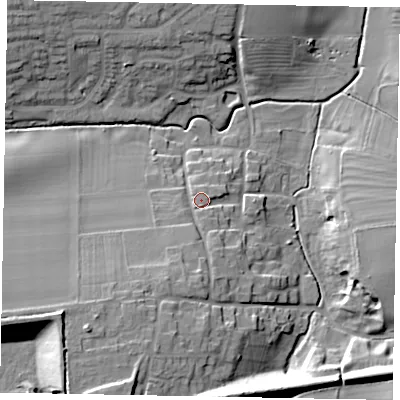 Shaded relief map of the ground around NG335PH, computed from Environment Agency LiDAR. The ground here sits at about 106 m above sea level and falls 19 m across the surrounding 800 m. Surface water reaching this point runs off ground lying to the south-south-west, 7.8 m higher.