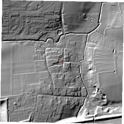 Shaded relief map of the ground around NG335PJ, computed from Environment Agency LiDAR. The ground here sits at about 104 m above sea level and falls 19 m across the surrounding 800 m. Surface water reaching this point runs off ground lying to the south-west, 10.1 m higher.