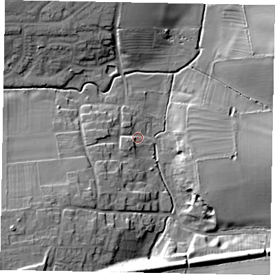 Shaded relief map of the ground around NG335PL, computed from Environment Agency LiDAR. The ground here sits at about 102 m above sea level and falls 19 m across the surrounding 800 m. Surface water reaching this point runs off ground lying to the south-west, 11.5 m higher.