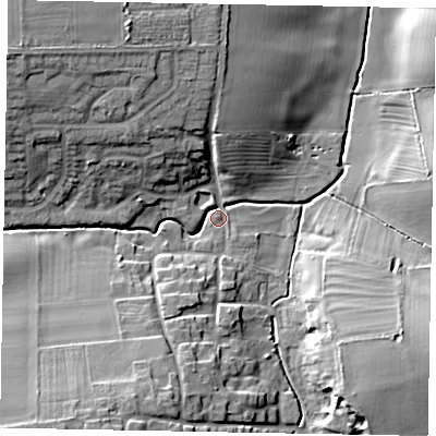 Shaded relief map of the ground around NG335PN, computed from Environment Agency LiDAR. The ground here sits at about 102 m above sea level and falls 17 m across the surrounding 800 m. Surface water reaching this point runs off ground lying to the north-west, 15.4 m higher.
