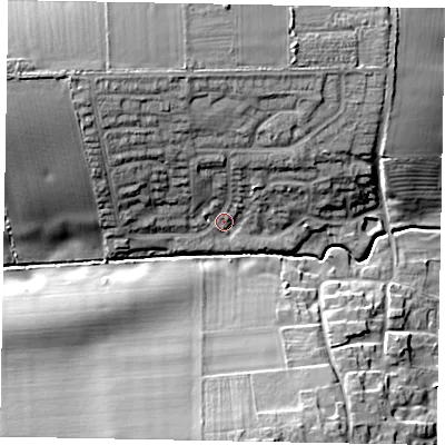 Shaded relief map of the ground around NG335PS, computed from Environment Agency LiDAR. The ground here sits at about 105 m above sea level and falls 18 m across the surrounding 800 m. Surface water reaching this point runs off ground lying to the north-north-west, 10.8 m higher.