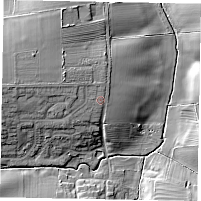 Shaded relief map of the ground around NG335QQ, computed from Environment Agency LiDAR. The ground here sits at about 111 m above sea level and falls 18 m across the surrounding 800 m. Surface water reaching this point runs off ground lying to the north-west, 1.6 m higher.