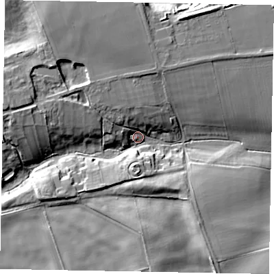Shaded relief map of the ground around NG335QY, computed from Environment Agency LiDAR. The ground here sits at about 118 m above sea level and falls 21 m across the surrounding 800 m. Surface water reaching this point runs off ground lying to the west, 16.1 m higher.