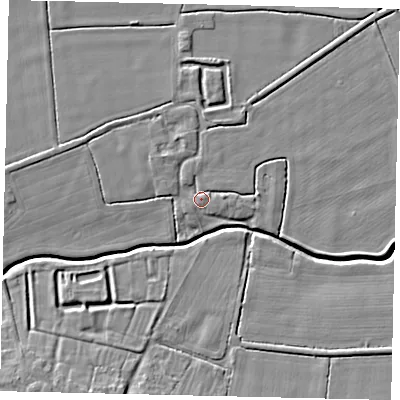 Shaded relief map of the ground around NG340AD, computed from Environment Agency LiDAR. The ground here sits at about 8 m above sea level and falls 7 m across the surrounding 800 m. Surface water reaching this point runs off ground lying to the north-west, 1.5 m higher.