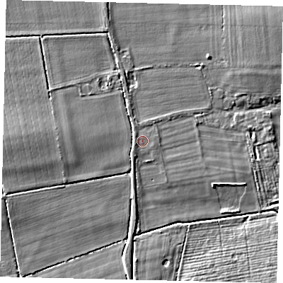 Shaded relief map of the ground around NG340AS, computed from Environment Agency LiDAR. The ground here sits at about 13 m above sea level and falls 6 m across the surrounding 800 m. Surface water reaching this point runs off ground lying to the south-west, 0.8 m higher.