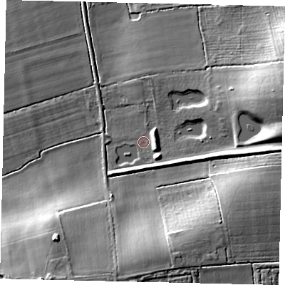Shaded relief map of the ground around NG340AT, computed from Environment Agency LiDAR. The ground here sits at about 14 m above sea level and falls 18 m across the surrounding 800 m. Surface water reaching this point runs off ground lying to the east-north-east, 13.0 m higher.