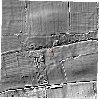 Shaded relief map of the ground around NG340BB, computed from Environment Agency LiDAR. The ground here sits at about 11 m above sea level and falls 6 m across the surrounding 800 m. Surface water reaching this point runs off ground lying to the north, 2.7 m higher.