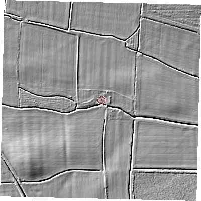 Shaded relief map of the ground around NG340BG, computed from Environment Agency LiDAR. The ground here sits at about 9 m above sea level and falls 7 m across the surrounding 800 m. Surface water reaching this point runs off ground lying to the south-west, 5.4 m higher.