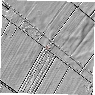 Shaded relief map of the ground around NG340BP, computed from Environment Agency LiDAR. The ground here sits at about 2 m above sea level and falls 5 m across the surrounding 800 m. Surface water reaching this point runs off ground lying to the east-south-east, 2.8 m higher.