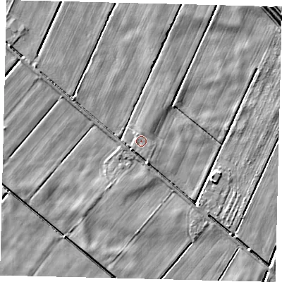 Shaded relief map of the ground around NG340BS, computed from Environment Agency LiDAR. The ground here sits at about 3 m above sea level and falls 4 m across the surrounding 800 m. Surface water reaching this point runs off ground lying to the south-south-east, 0.7 m higher.