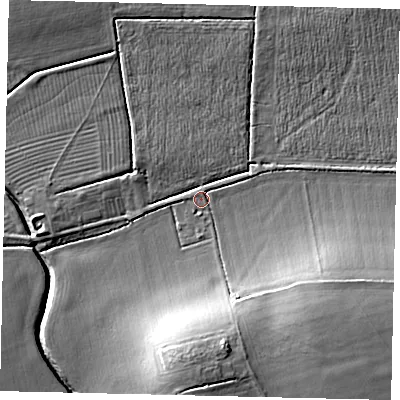 Shaded relief map of the ground around NG340DA, computed from Environment Agency LiDAR. The ground here sits at about 9 m above sea level and falls 16 m across the surrounding 800 m. Surface water reaching this point runs off ground lying to the south, 12.9 m higher.