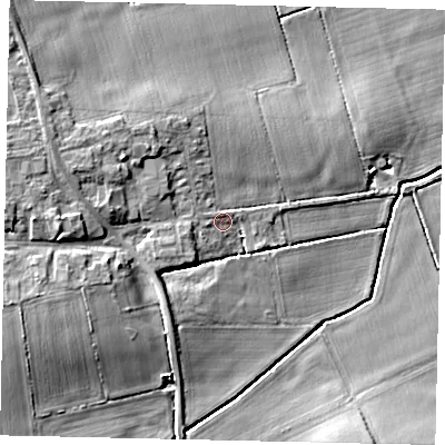 Shaded relief map of the ground around NG340DH, computed from Environment Agency LiDAR. The ground here sits at about 19 m above sea level and falls 12 m across the surrounding 800 m. Surface water reaching this point runs off ground lying to the west, 6.2 m higher.