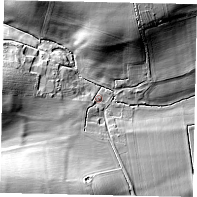 Shaded relief map of the ground around NG340EL, computed from Environment Agency LiDAR. The ground here sits at about 35 m above sea level and falls 28 m across the surrounding 800 m. Surface water reaching this point runs off ground lying to the west-south-west, 6.5 m higher.