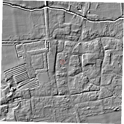 Shaded relief map of the ground around NG340FD, computed from Environment Agency LiDAR. The ground here sits at about 9 m above sea level and falls 11 m across the surrounding 800 m. Surface water reaching this point runs off ground lying to the north-north-west, 1.1 m higher.